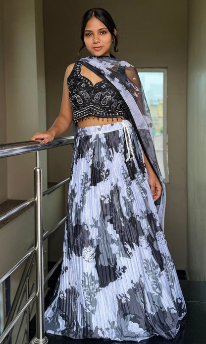 Black and White Pleated Viscose Floral Lehenga Set