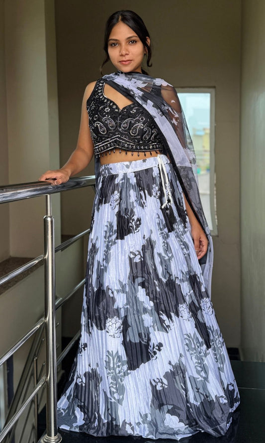 Black and White Pleated Viscose Floral Lehenga Set