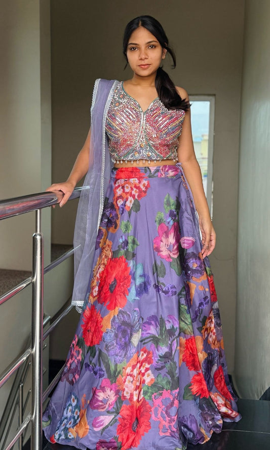 Violet Floral Organza Lehenga Set