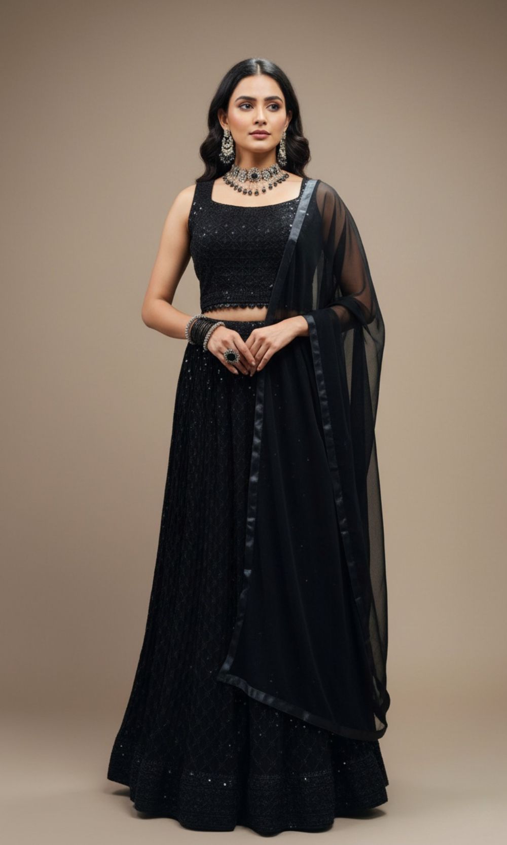 Black Georgette Sequin Lehenga Set
