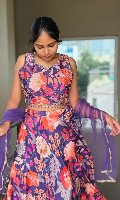 Violet Floral Print Lehenga Set