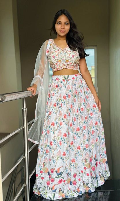 White Multi-Colour Floral Lehenga Set