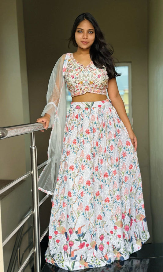 White Multi-Colour Floral Lehenga Set