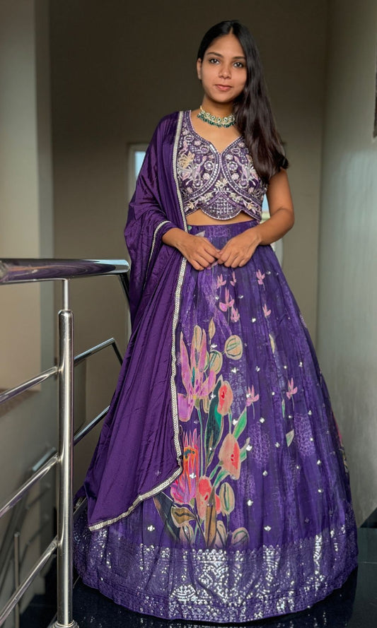 Violet Floral Pleated Lehenga Set