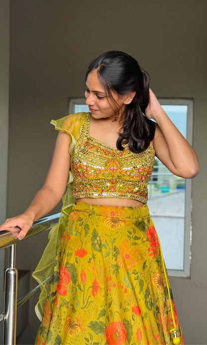 Chartreuse-Yellow Floral Print Lehenga Set