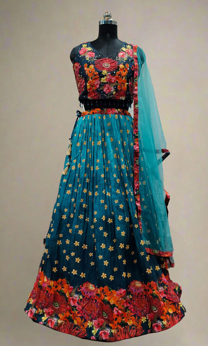 Teal-Blue Floral Lehenga Set