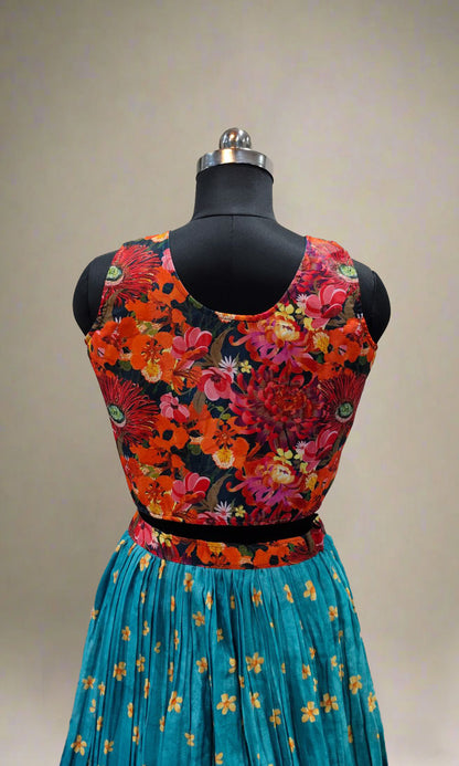 Teal-Blue Floral Lehenga Set