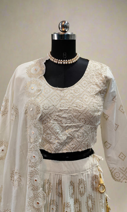 Off White Embroidered Lehenga Set