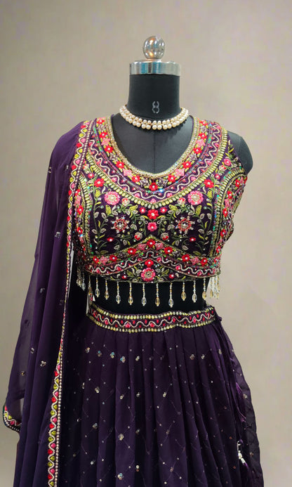 Deep-Purple Georgette Lehenga Set
