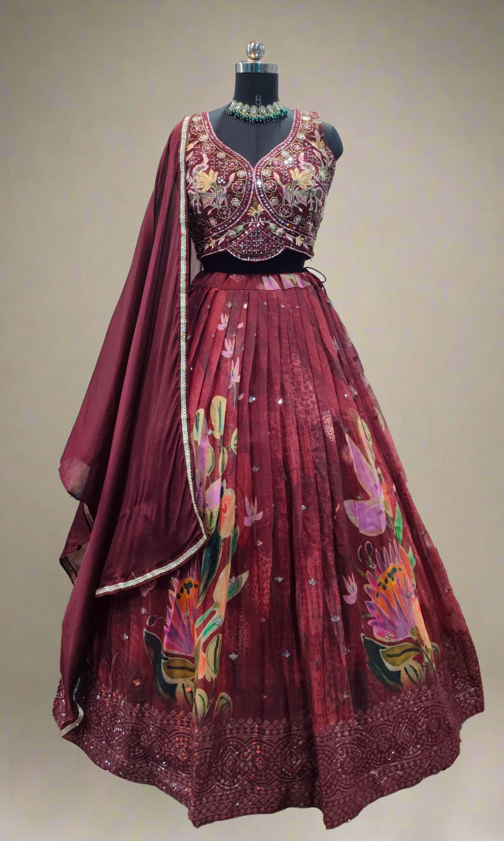 Wine-Brown Floral Printed Lehenga Set