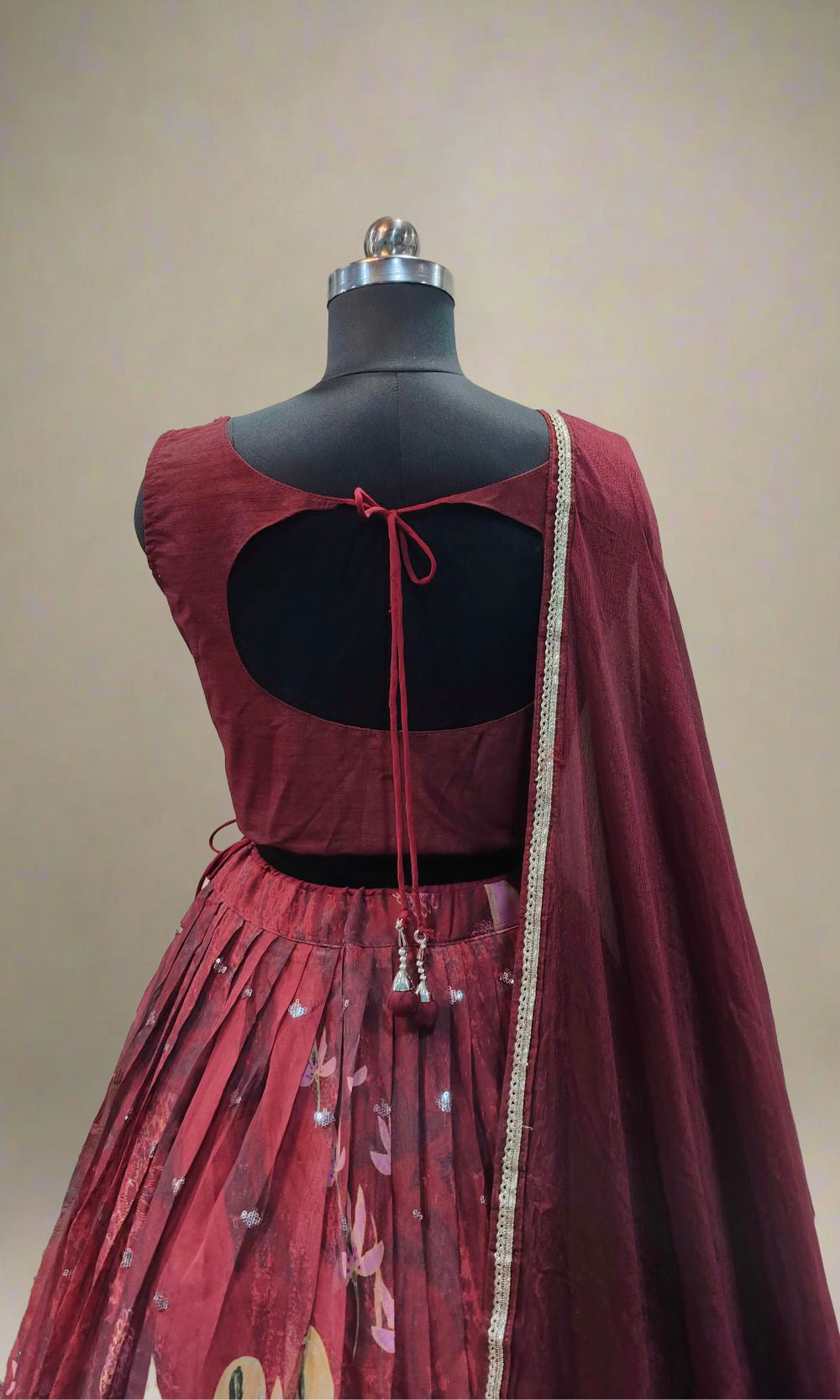 Wine-Brown Floral Printed Lehenga Set