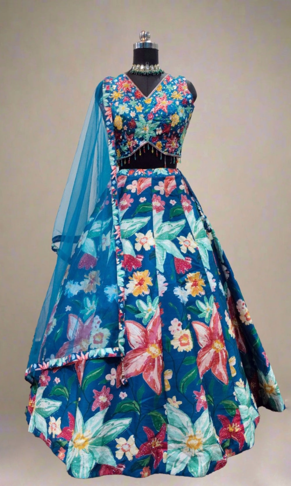 Blue Raw-Silk Floral Lehenga Set