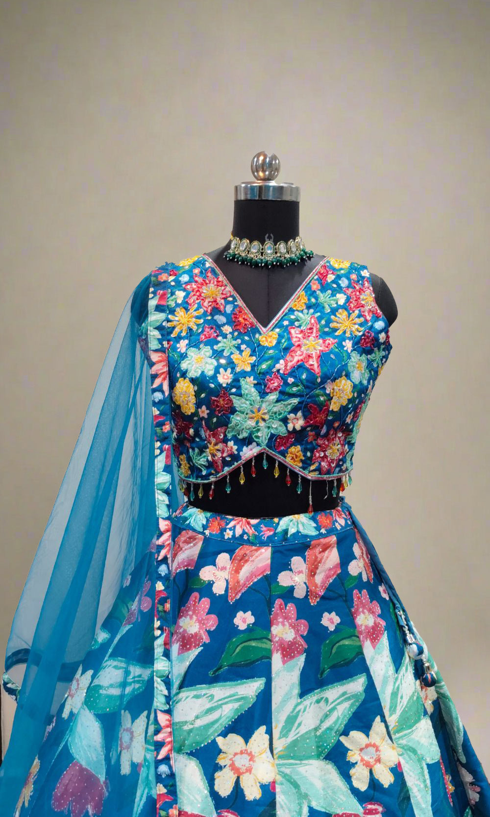 Blue Raw-Silk Floral Lehenga Set