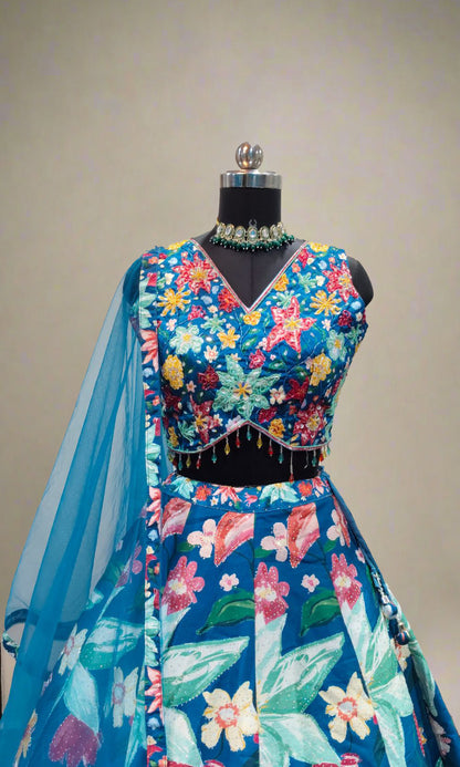 Blue Raw-Silk Floral Lehenga Set