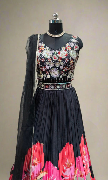 Black Multi-Colour Floral Print Lehenga Set