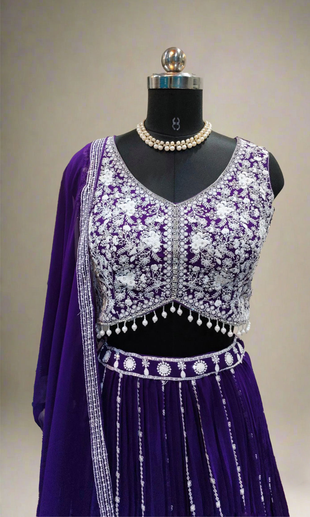 Dark-Violet Embroidered Georgette Lehenga Set