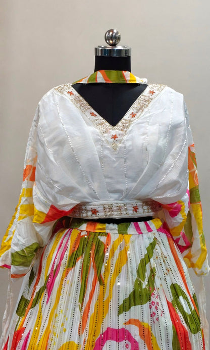White Multi-Colour Floral Print Lehenga Set