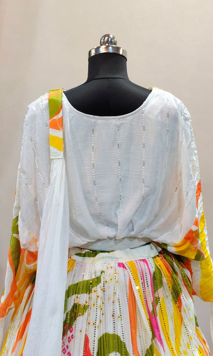 White Multi-Colour Floral Print Lehenga Set