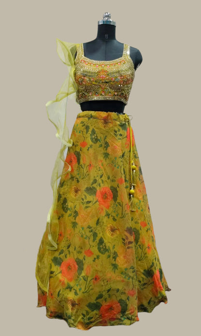 Chartreuse-Yellow Floral Print Lehenga Set