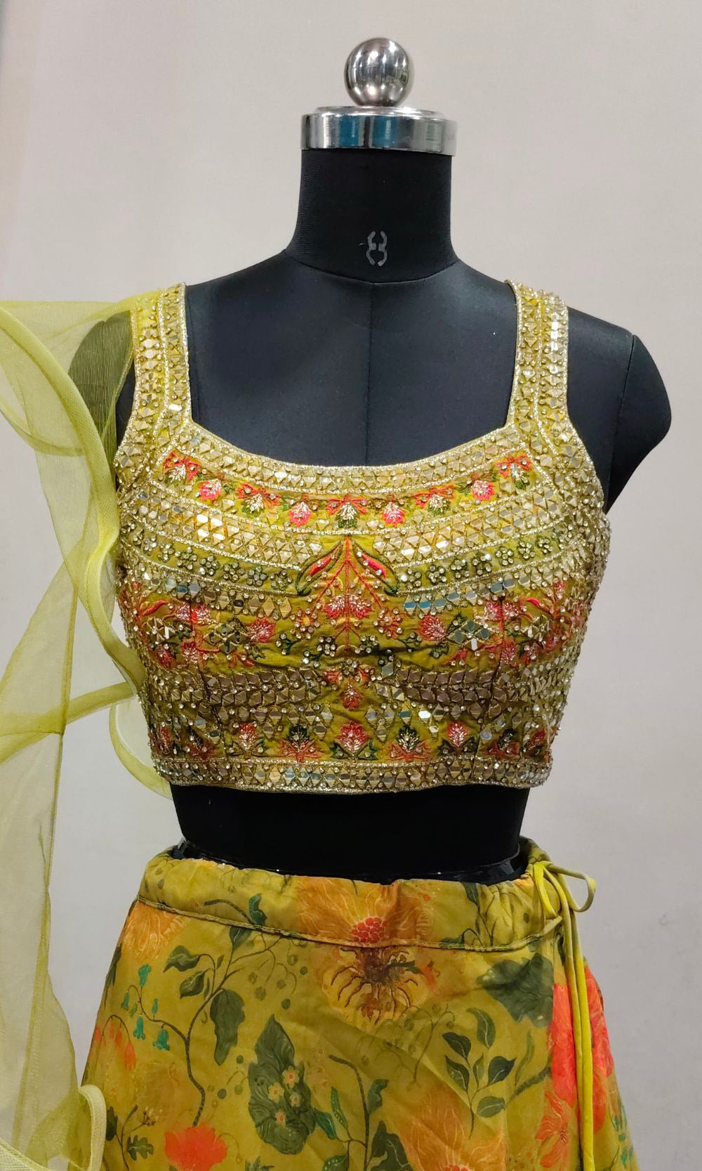 Chartreuse-Yellow Floral Print Lehenga Set