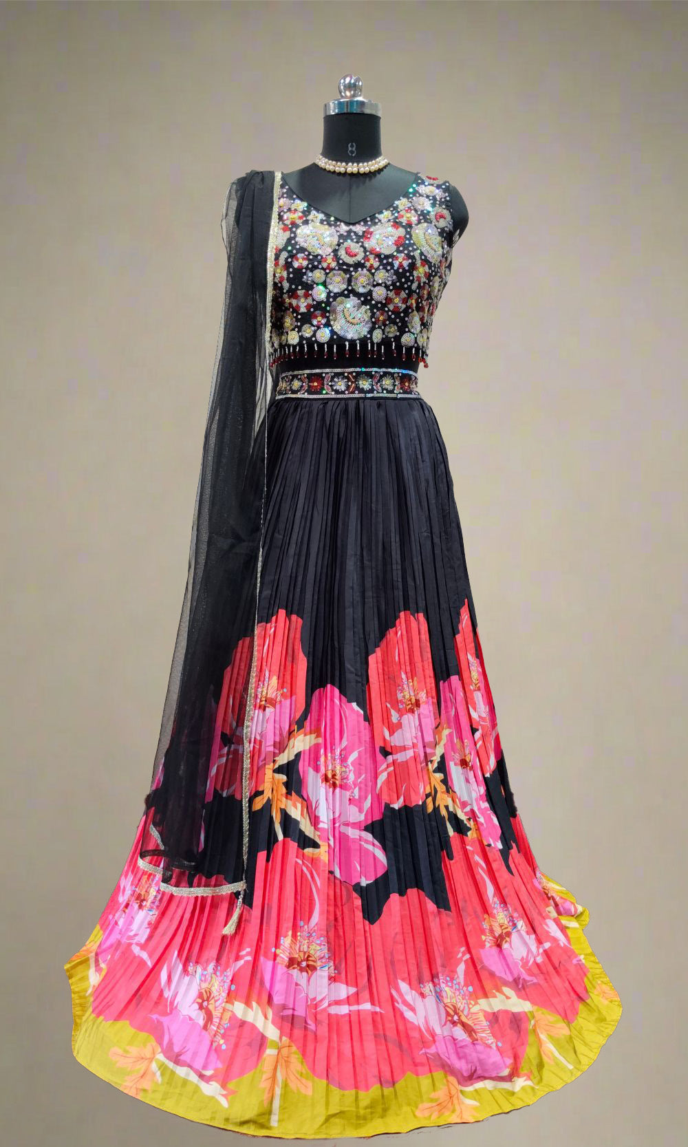 Black Multi-Colour Floral Print Lehenga Set