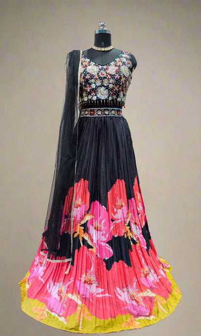 Black Multi-Colour Floral Print Lehenga Set