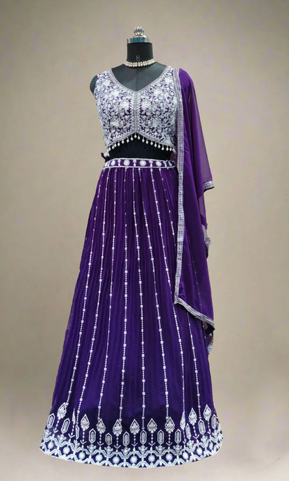 Dark-Violet Embroidered Georgette Lehenga Set